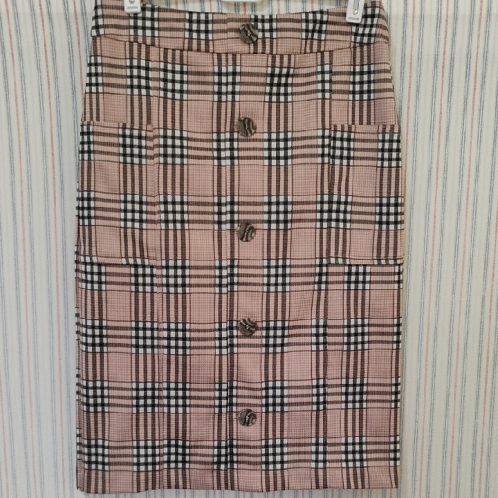 Cato Chic Plaid Pencil Skirt With Button And Pocket Detail XS